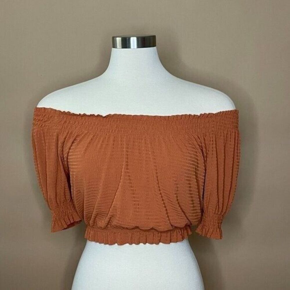 Zara Rust Orange Off Shoulder Cropped Peasant Boho Blouse Top Womens S